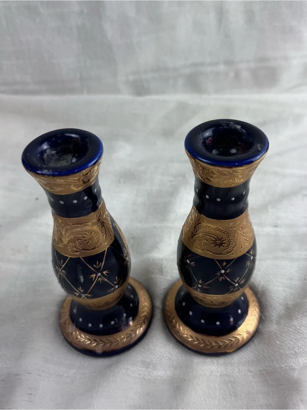 VTG Victorian Hollywood Regency Cobalt Blue Gold Courting Couple Candle Holders